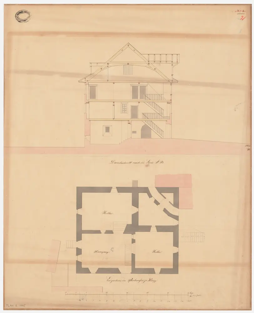 Höngg: Pfarrhaus; Grundriss des Erdgeschosses und Querschnitt (Nr. 2)