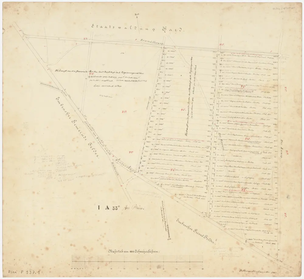 Embrach: Vom Staat in den Jahren 1856-1878 versteigerte Parzellen in der Staatswaldung Hard: In den Jahren 1864-1878 versteigerte bzw. verkaufte Parzellen; Grundriss