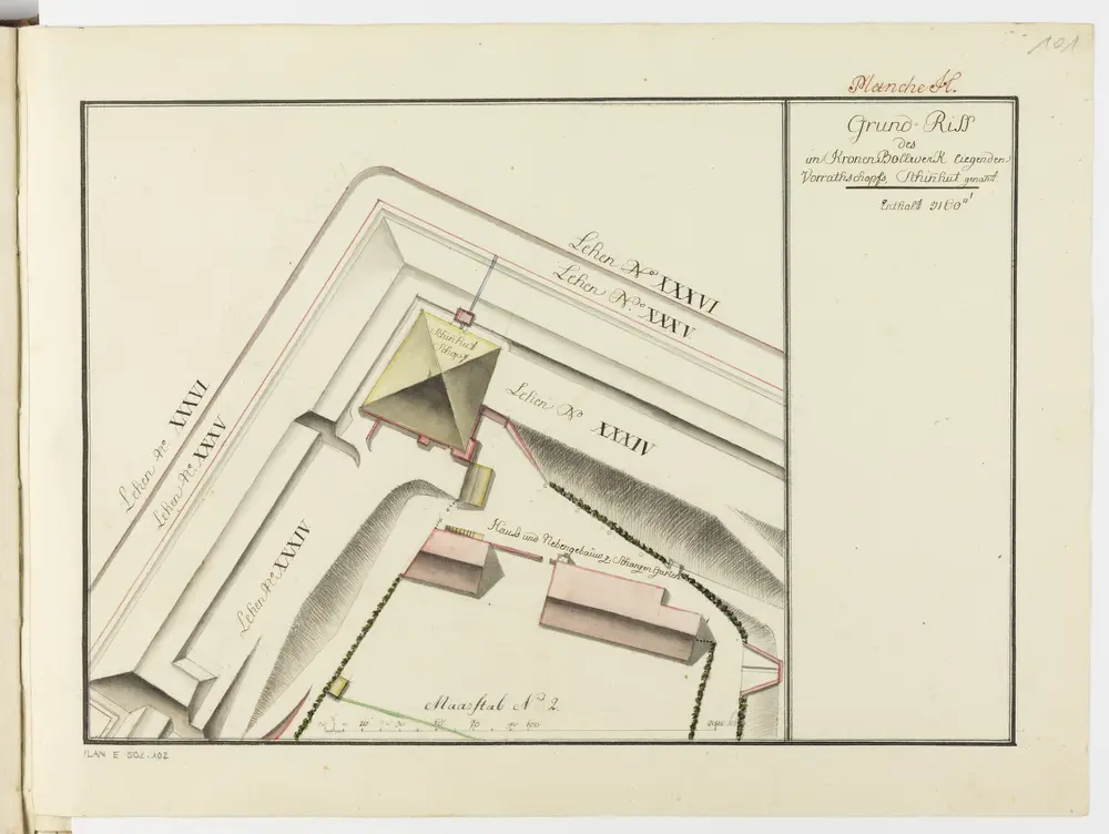 Zürich: Dem Spital Zürich gehörende Lehen in den Fortifikationswerken; Ansichten, Grundrisse und Schnitte: Vorratschuppen, genannt Schinnhut, beim Kronen-Bollwerk; Grundriss