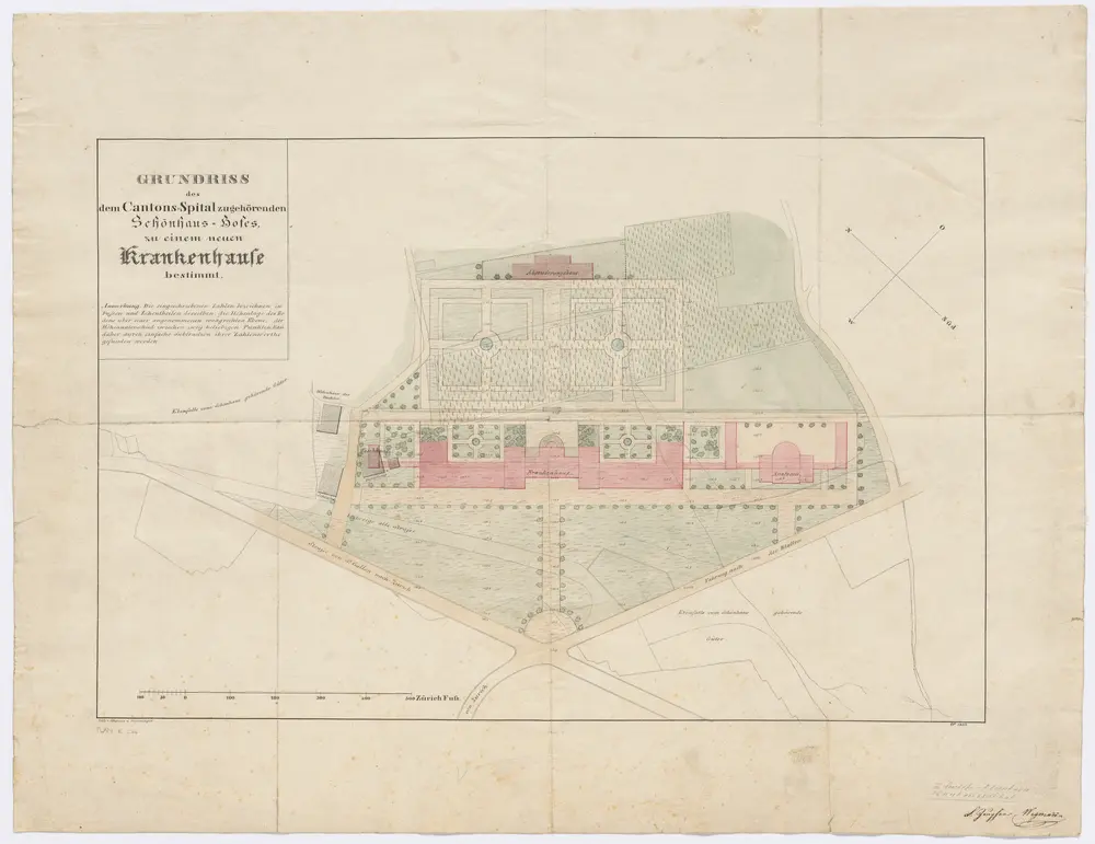 Fluntern: Zum Kantonsspital Zürich gehörender Schönhaus-Hof, mit projektiertem Krankenhaus; Grundriss