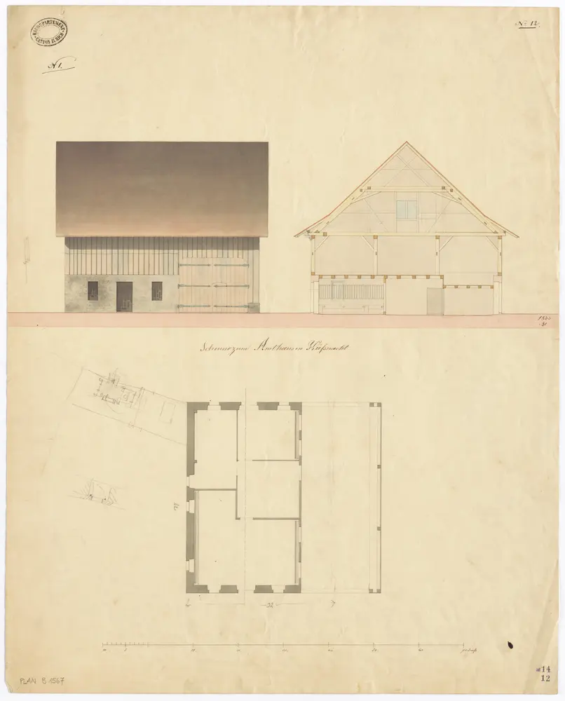 Küsnacht: Scheune beim Amtshaus; Ansicht, Grundriss und Schnitt