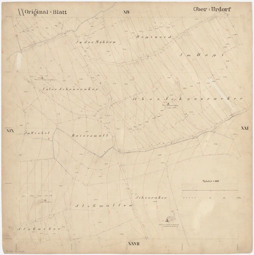 Oberurdorf: Gemeinde; Katasterpläne: Blatt XX: Hegiweid, In der Mören, Im Hegi, Unterer Scheueracker (Schüracher), Oberer Scheueracker (Schüracher), Im Wirbel, Baiersmatt, Stockächer, Stockmatten und Schüracher (Scheuracker); Situationsplan