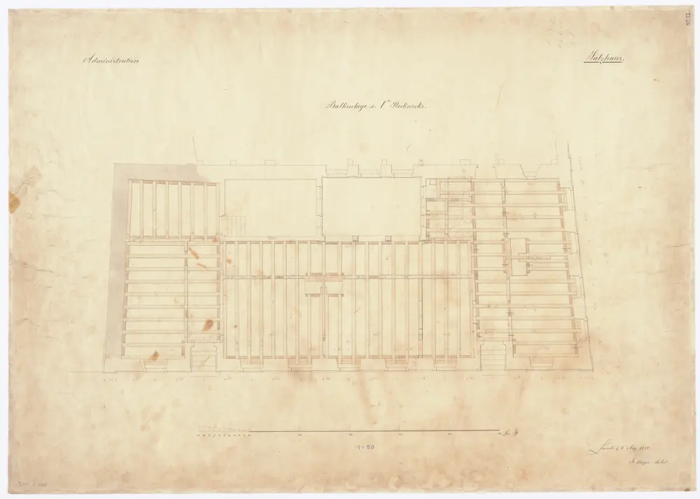 Salzhaus am Bellevue: Administration, 1. Stock, Balkenlage; Grundriss