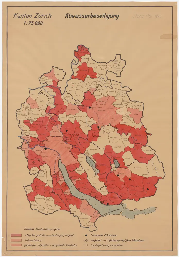 Kanton Zürich: Bestehende und projektierte Kanalisationen und Abwasserreinigungsanlagen, Zustand Mai 1945; Übersichtskarte