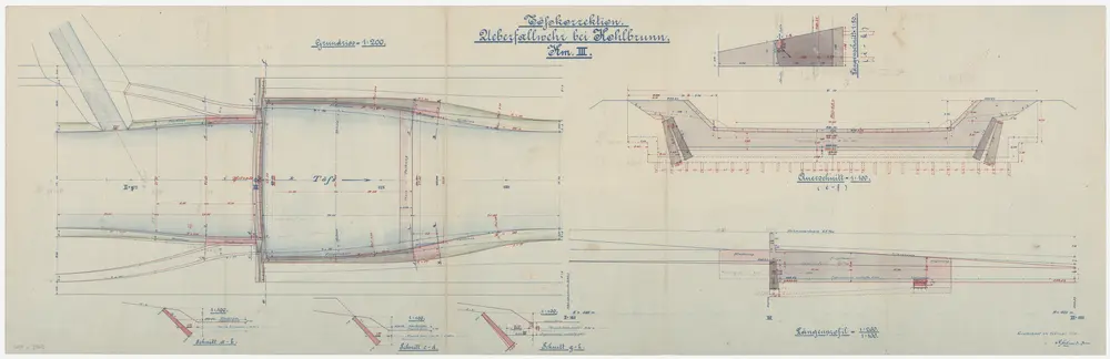 Zell: Überfallwehr bei Kollbrunn, Tösskorrektion; Grundriss, Längsschnitt, Längsprofil, Querschnitt und Schnitte (Töss IV)