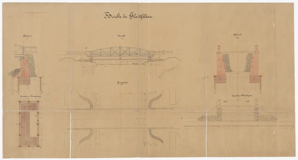 Glattfelden: Staatsbrücke über die Glatt, Unterbau; Ansichten, Grundrisse und Schnitte