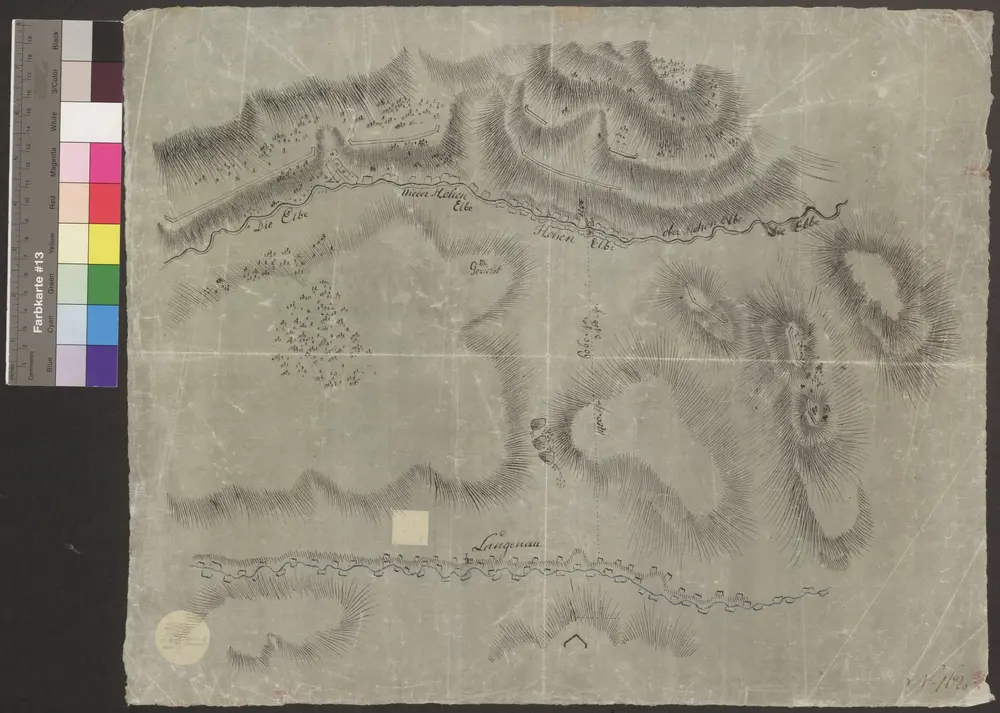 HZAN GA 100_Nr. 790_ : Hohenelbe; [ohne Titel];ohne Verfasser;ohne Maßstab;48 x 39 cm;Kartenrand: Strombett der Elbe mit Hohenelbe; Langenau; Höhen ohne besondere Bezeichnung;Papier; Federzeichnung mit Schraffen; Eintrag der Truppenstellungen.