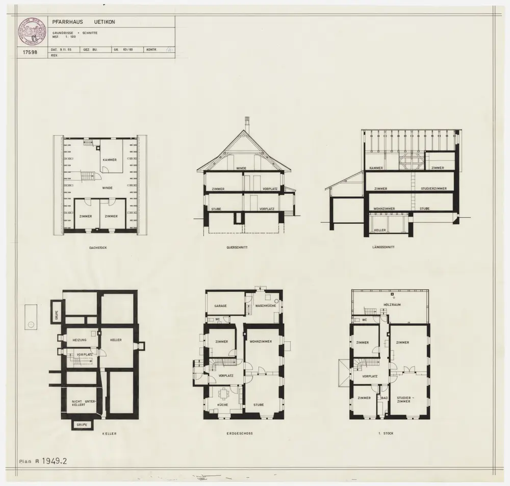 Uetikon am See: Pfarrhaus: Keller, Erdgeschoss, 1. Stock und Dachgeschoss; Grundrisse sowie Längs- und Querschnitt