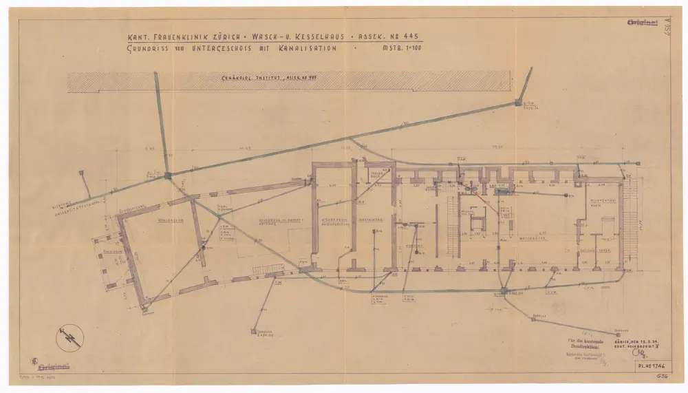 Frauenklinik Zürich, Wasch- und Kesselhaus: Untergeschoss mit Kanalisation; Grundriss