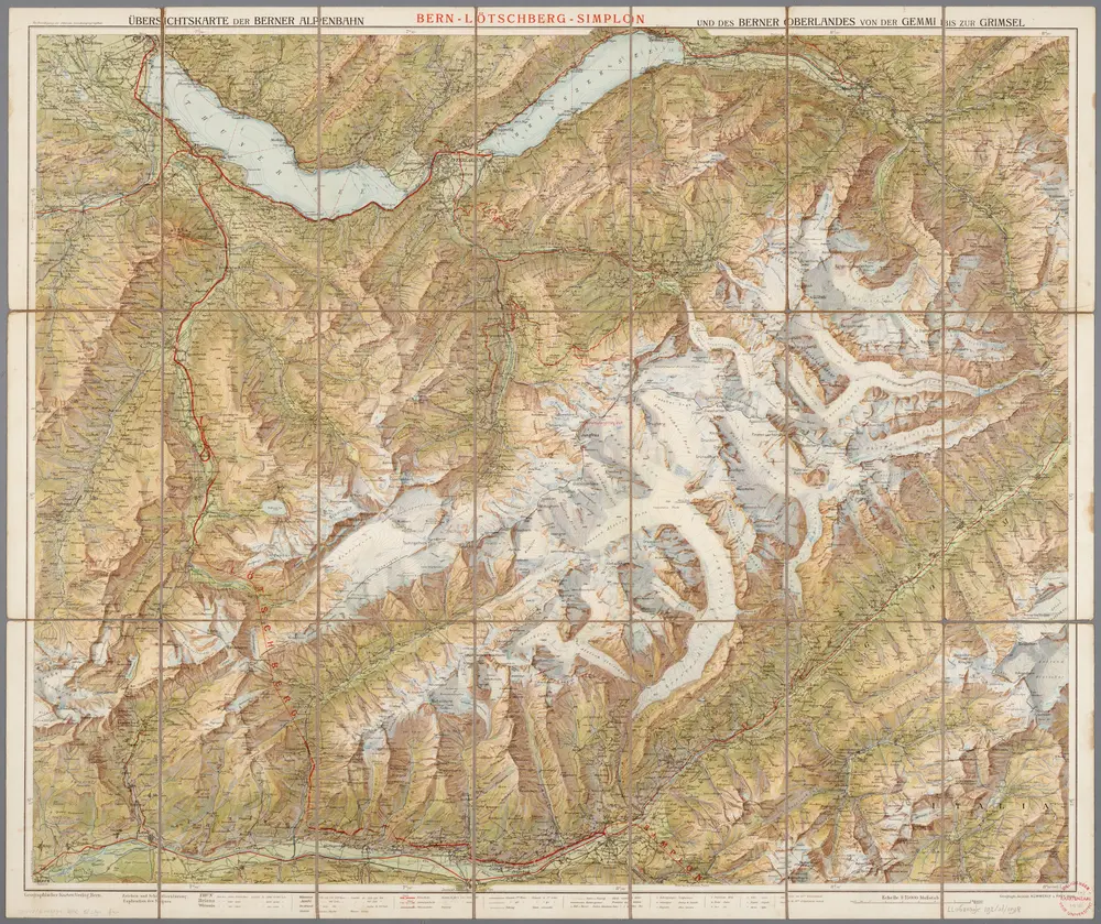 [Kaart], uit: Bern-Lötschberg-Simplon : Übersichtskarte der Berner Alpenbahn und des Berner Oberlandes von der Gemmi bis zur Grimsel / Kümmerly & Frey