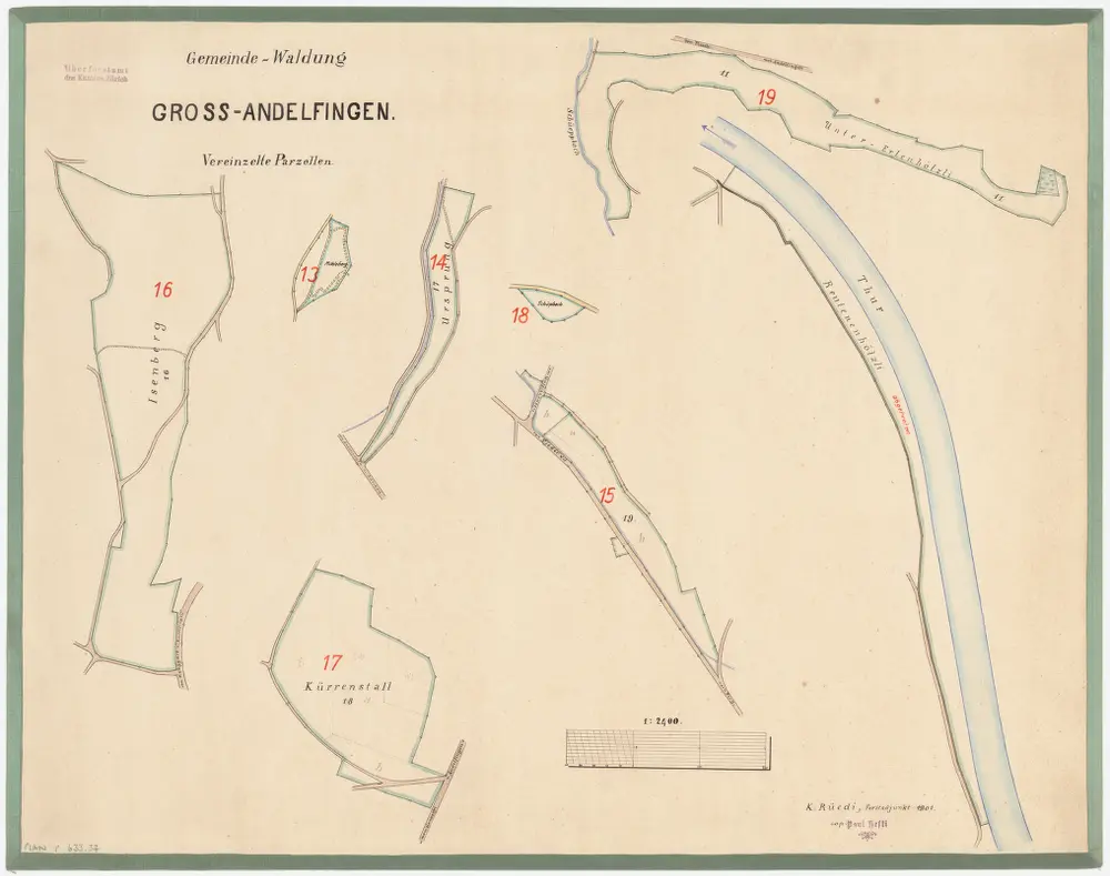 Andelfingen (damals Grossandelfingen): Gemeindewaldung: Isenberg, Müliberg (Mühleberg), Ursprung, Erlenhölzli, Schüepbach, Chürenstall (Kürrenstall), Rütenerhölzli; Grundrisse