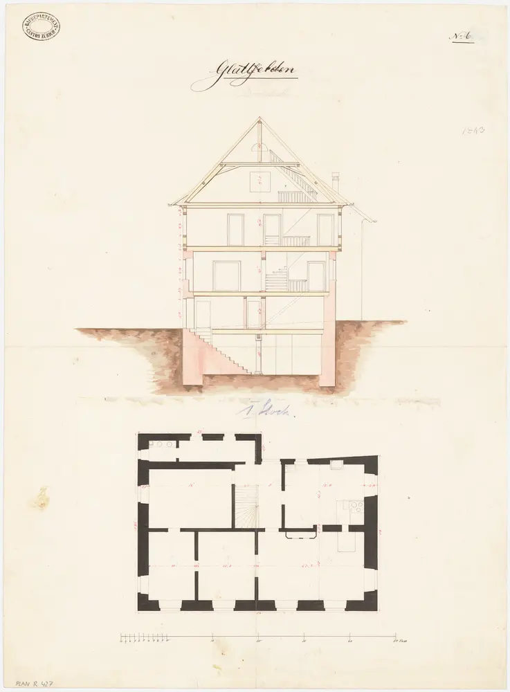 Glattfelden: Pfarrhaus; Grundriss des 1. Stocks und Querschnitt (Nr. 6)