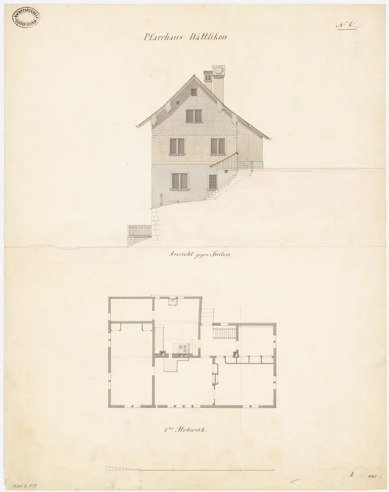 Dättlikon: Pfarrhaus; Südansicht und Grundriss des 2. Stocks (Nr. 6)