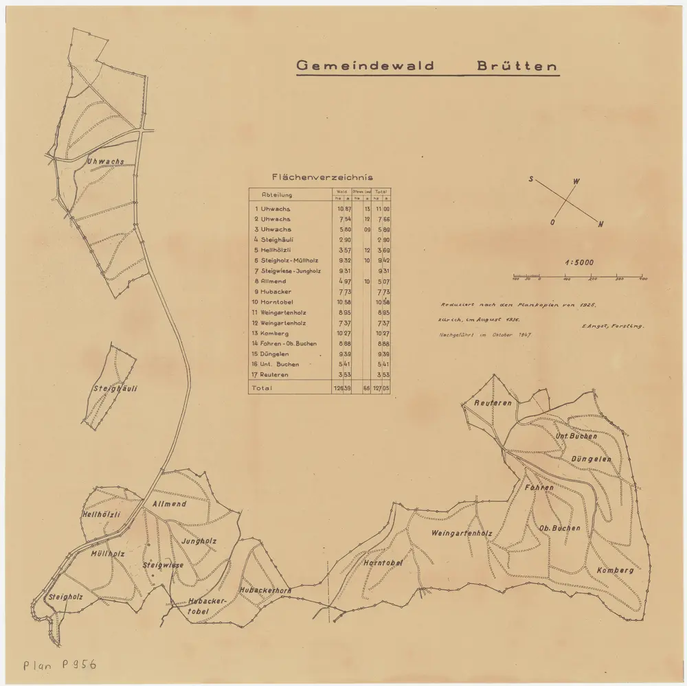 Brütten: Gemeindewaldungen Uewachs (Uhwachs) und Steighäuli sowie Gebiet vom Mülholz (Müllholz), Huebacher (Hubackerholz), Horntobel, Wingertenholz (Weingartenholz) bis Tüngelen (Düngelen), Chomberg (Komberg); Grundrisse