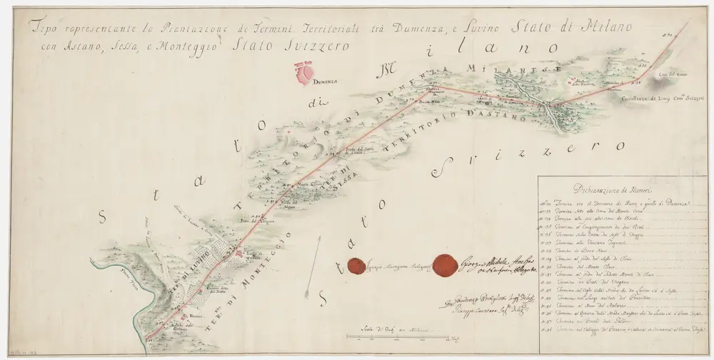 Strittige Grenze zwischen der Schweiz und dem Herzogtum Mailand bei Astano, Sessa, Monteggio, Dumenzo und Luvino; Grundriss