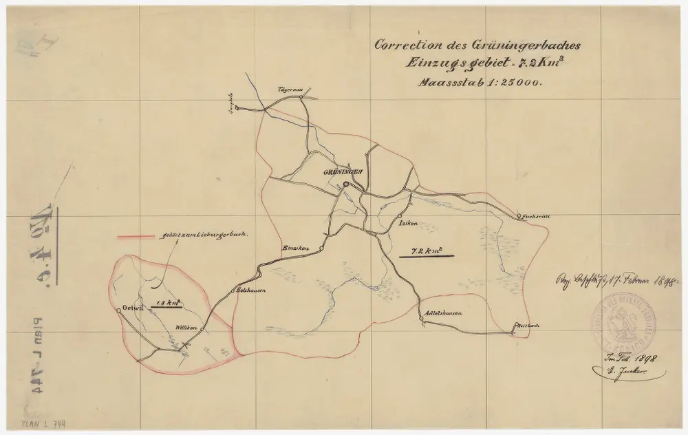 Bubikon, Gossau, Grüningen, Oetwil am See: Aa (Grüninger Aabach) und Mettlenbach (Lieburgerbach), Grüningerbachkorrektion; Situationsplan