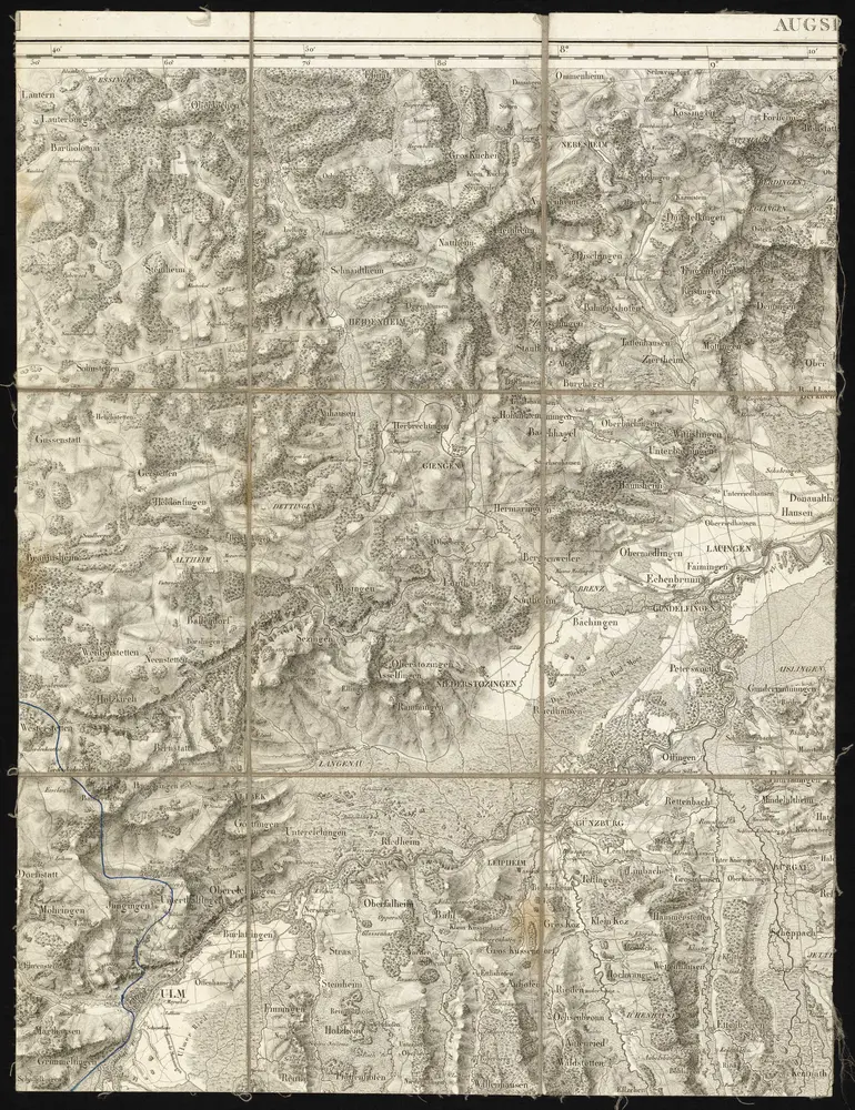 HStAS N 100_Nr. 347_ : "Carte topographique de l'Ancienne Souabe et d'une portion des pays limitrophes / commencée en 1801 par les soins du général Moreau ; exécutée au Dépôt de la Guerre, à l'Echelle d'un Mètre pour 100.000 Mètres et publiée par autorisation de Sa Majesté, sous le Ministère de S.E.M. le Marquis de Gouvion Saint-Cyr"