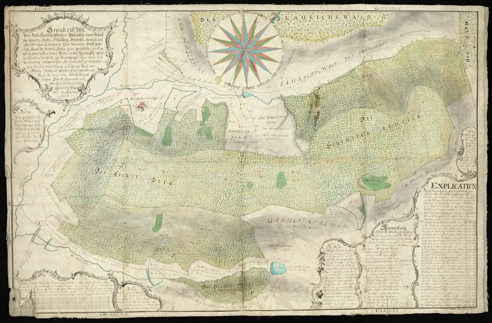 HZAN GA 100_Nr. 402_ : Waldenburg; "Grundriß über ... den Wald zum Goldbacher Forst gehörig ...";Joh. Heinrich Wagner, Garteninspektor in Schillingsfürst;100 Ruten = 24,4 cm;125 x 80 cm; Norden oben nach rechts;Papier auf Leinwand; Federzeichnung; Wald, Gewässer und Siedlungen in Wasserfarben; Grenzsteine und Grundstücke teilweise nummeriert.