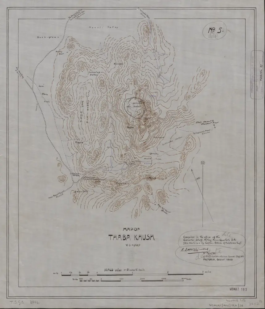 'Map of Thaba Khush'. Compiled by 'R.L. McClintock, B[reve]t. Major R.E. a[cting]/Staff Captain attached General Staff S[outh].A[frica]. September 1906'. From 'sketches by Captain Broun, 3/Middlesex Regt.'