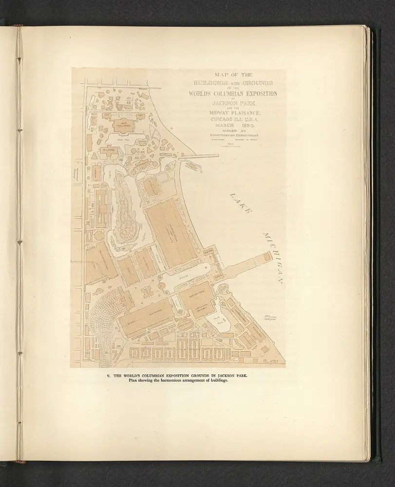 V. The World's Columbian Exposition grounds in Jackson Park : Plan showing the harmonious arrangement of buildings.