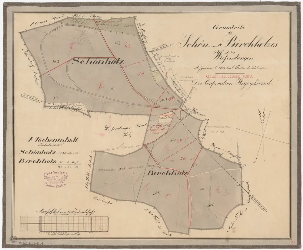 Wiesendangen, Oberwinterthur: Gemeinde- und Genossenschaftswaldungen: Wiesendangen, Oberwinterthur: Der Genossenschaft Hegi gehörende Waldungen im Birchwald und Schönholz; Grundriss