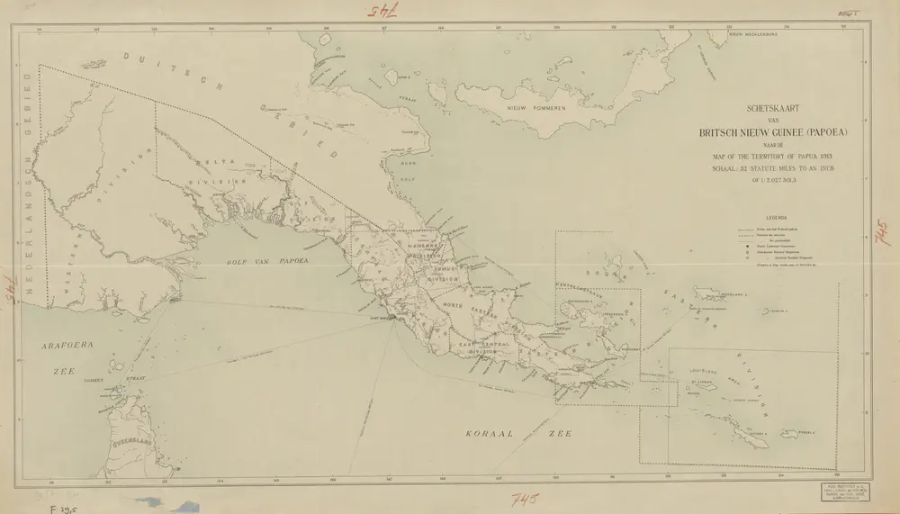 Schetskaart van Britsch Nieuw Guinea (Papoea) : naar de Map of the Territory of Papua 1913 / [Encyclopaedisch Bureau]