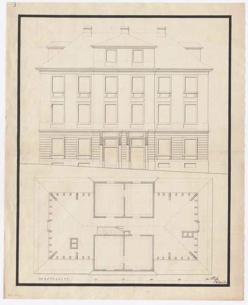 Haus St. Urban, Stadelhoferstrasse 19, 21 und 23 sowie ehemalige Seestrasse 16: Nordansicht (mit 6 Fensterachsen) und Grundriss des Dachgeschosses