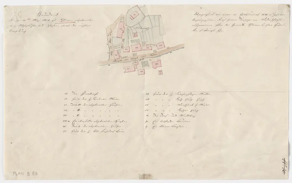 Schlieren: Die vier am 22.05.1834 abgebrannten Häuser und Speicher; Grundriss