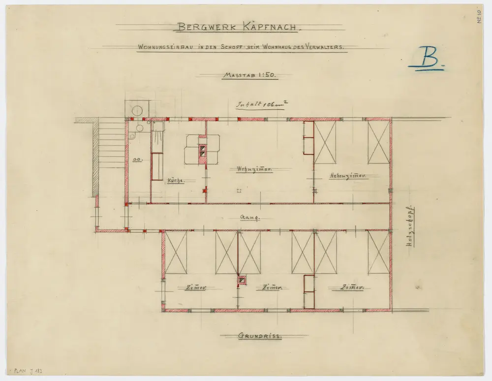 Horgen: Kohlebergwerk Käpfnach, Wohnungseinbau in den Schuppen beim Wohnhaus des Verwalters; Grundriss