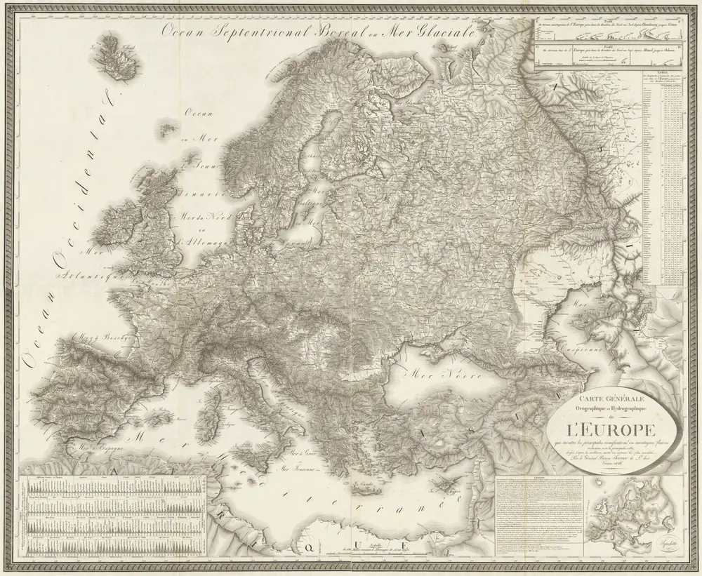 Carte générale orographique et hydrographique de l'Europe, qui montre les principales ramifications des montagnes, fleuves et chemins avec les principales villes