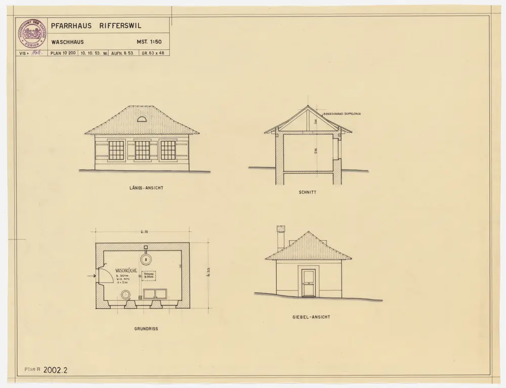 Rifferswil: Nebengebäude und Waschhaus: Waschhaus; Grundriss, Ansichten und Querschnitt