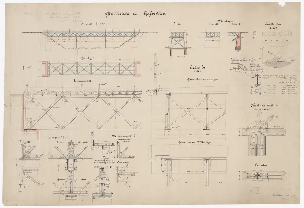 Oberglatt: Eiserne Brücke über die Glatt bei Hofstetten; Ansichten, Grundrisse und Schnitte