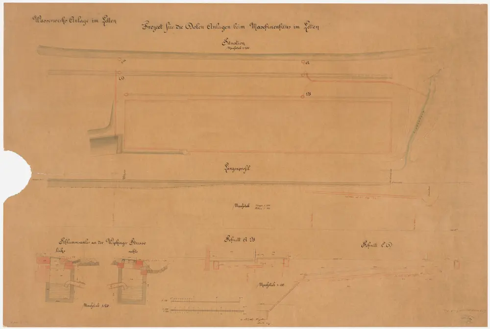 Unterstrass: Dohlenanlage beim Maschinenhaus im Letten; Situationsplan, Längsprofil und Querschnitte