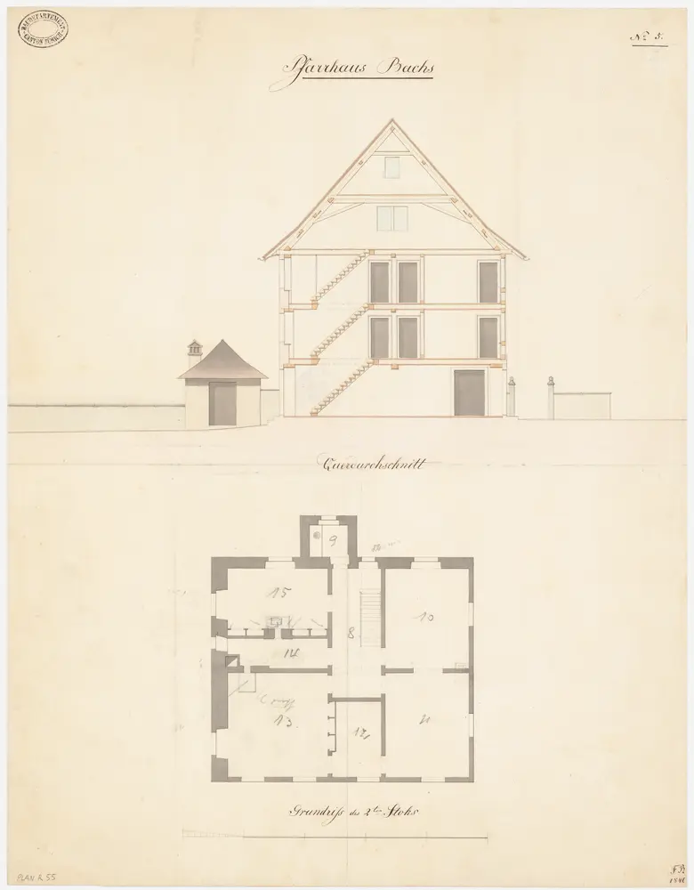 Bachs: Pfarrhaus; Querschnitt und Grundriss des 2. Stocks (Nr. 5)