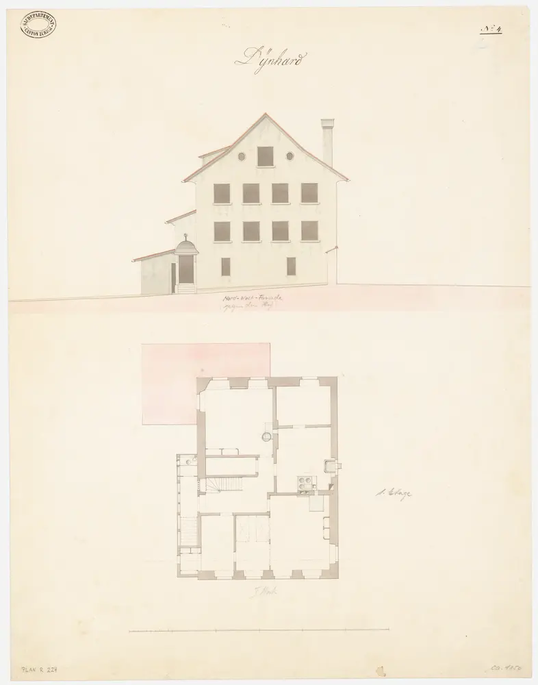 Dinhard: Pfarrhaus; Nordwestansicht und Grundriss des 1. Stocks (Nr. 4)