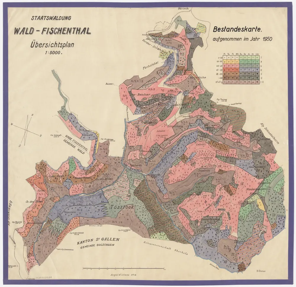 Wald, Fischenthal, Goldingen SG: Waldungen: Wald, Fischenthal: Staatswaldungen Tösswald, Vorderhessen, Hinterhessen, Momilchgubel (Mondmilchgubel), Väsperrous (Vesperruns), Tössstock, Niderhusers (Niederhausers), Schürli, Neurütiwald, Stralegg (Strahlegg), Warten; Übersichtsplan (Bestandeskarte)