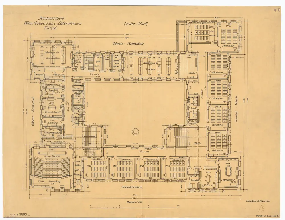 Universität Zürich (Chemisches Institut) und Kantonsschule Zürich, Neubau Rämistrasse 76: Grundrisse: 1. Stock; Grundriss