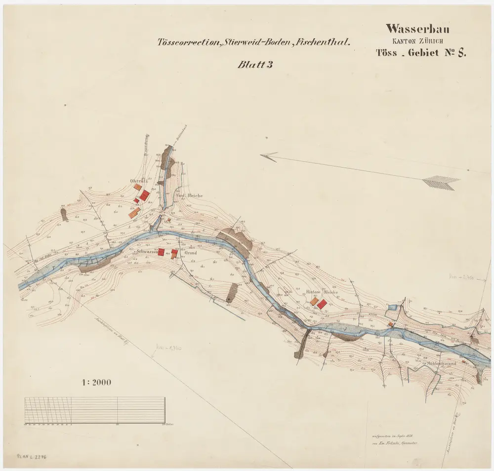 Fischenthal: Obere Töss von Mühleschwand bis oberhalb Neuschwendi, Tösskorrektion; Situationsplan (Töss-Gebiet Nr. 8, Blatt 3)