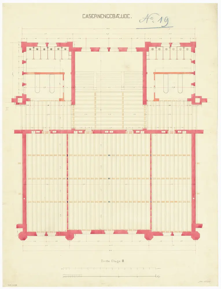 Projektierte Kaserne: Mittelbau, 3. Stock; Grundriss