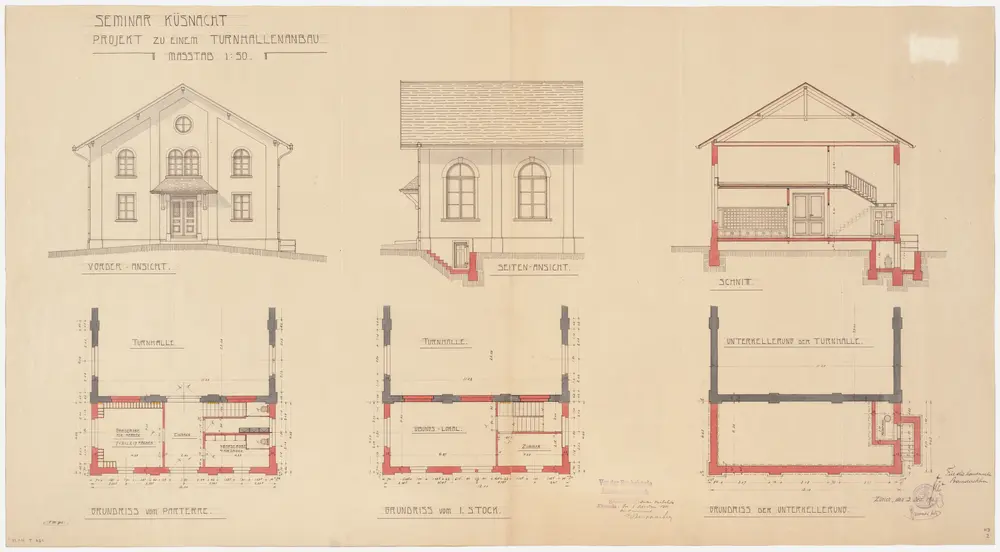 Küsnacht: Lehrerseminar; Projekt zum Turnhallenbau; Vorderansicht, Seitenansicht und Querschnitt des Gebäudes sowie Grundrisse des Erdgeschosses, des 1. Obergeschosses und der Unterkellerung