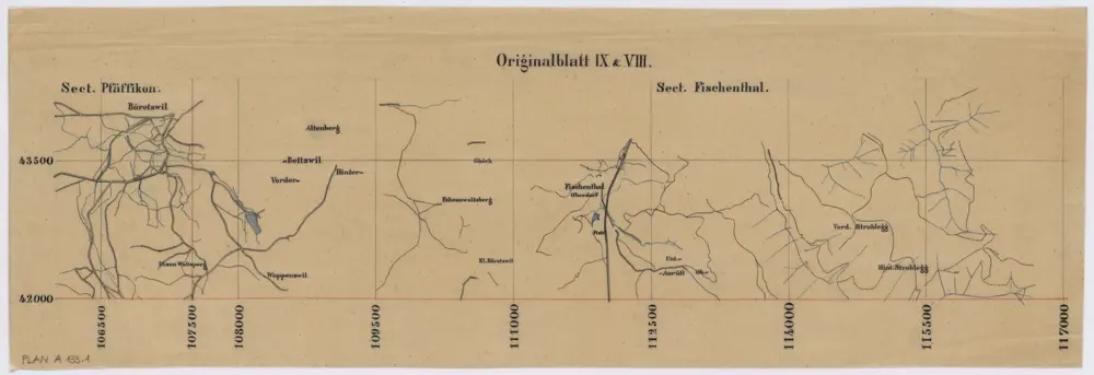 Vorlagen für die Topographische Karte des Kantons Zürich (Wild-Karte): Pausen mit Gewässern, Eisenbahn, Strassen: Originalblatt VIII und IX: Sektion Fischenthal, Sektion Pfäffikon