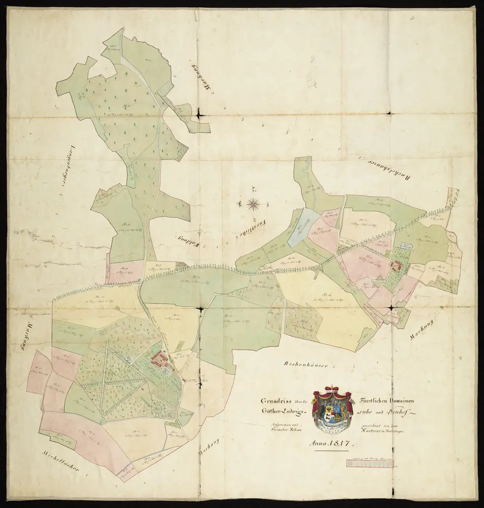 HZAN GA 100_Nr. 244_ : Langenburg-Ludwigsruhe und Neuhof; "Grundriß über die fürstlichen Domänengüter Ludwigsruhe und Neuhof";Geometer J. Kusterer in Heimerdingen;100 Ruten = 12,8 cm [70 cm = 1 km];130 x 137 cm; Norden oben;Papier auf Leinwand; Wasserfarben; Grundstücke nummeriert und mit Meßgehalt versehen.