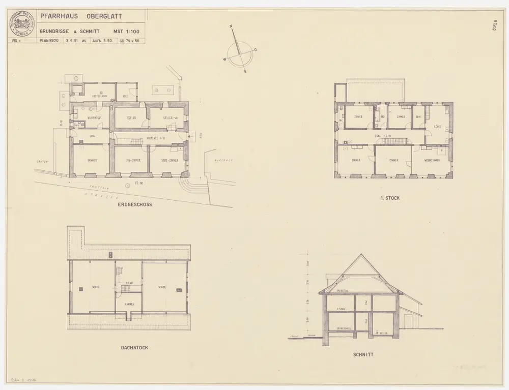 Oberglatt: Pfarrhaus, Erdgeschoss, 1. Stock und Geschgeschoss; Grundrisse und Querschnitt