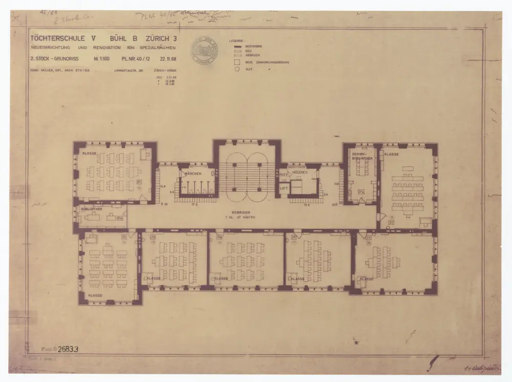 Töchterschule V Bühl B, Zürich-Wiedikon: Neueinrichtung und Renovation von Spezialräumen: 2. Stock; Grundriss