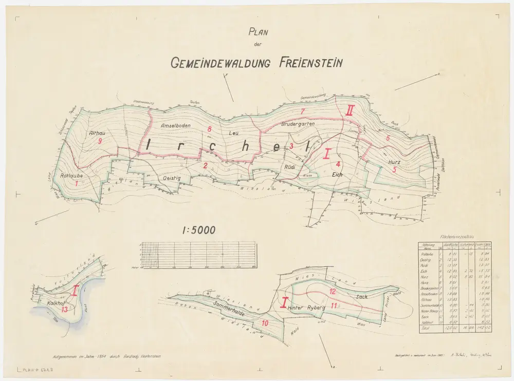 Freienstein-Teufen: Gemeindewaldung Freienstein: Irchel, Rotlauben, Althau, Amselboden, Geissstig (Geistig), Leu, Bruedergaten, Rüedi (Rüdi), Im Eich, Hurz, Chalchhof (Kalkhof), Summerhalden (Sommerhalde), Hinter Riberg, Im Sack; Grundrisse