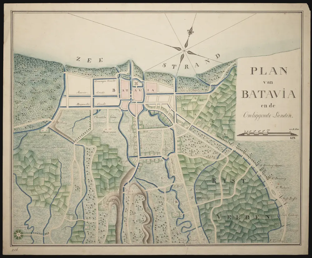 Plan van Batavia en de omliggende landen. Getekend door K.F. Busscher. Manuscript. Kopie.