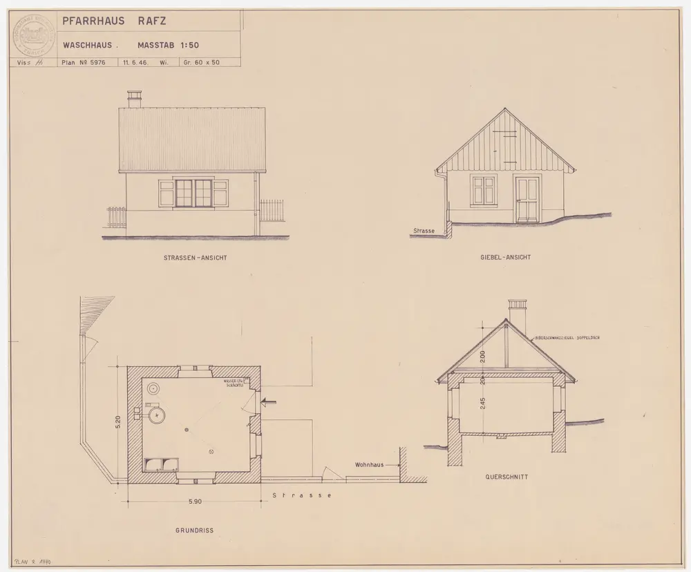 Rafz: Waschhaus; Grundriss, Ansichten und Querschnitt