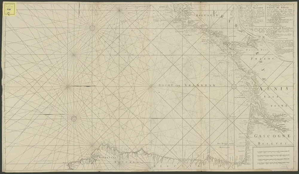 Nieuwe groote en seer accurate paskaert van de Bocht van Vrankryk, Biscaia en Gallissia t'eyland Hey Sant en Cabo Finis Terrae