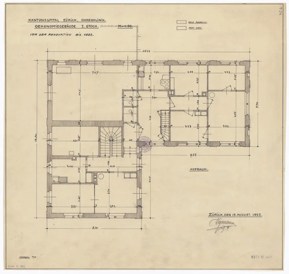 Kantonsspital, Ohrenklinik, Oekonomiegebäude, Haldenbachstrasse 14: Grundriss 1. Stock