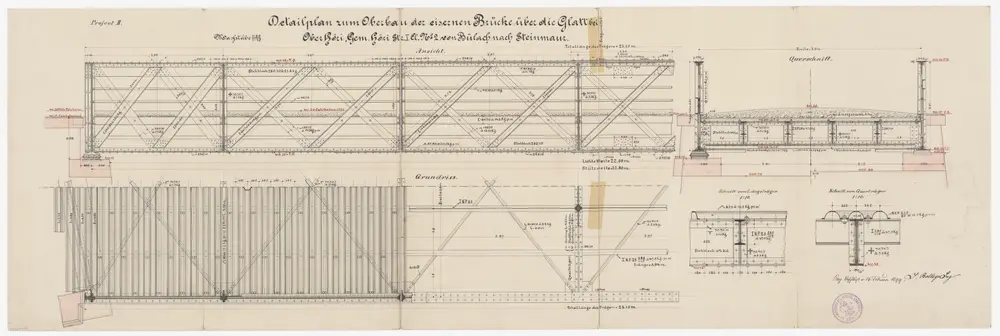 Höri: Fachwerkbrücke über die Glatt in Oberhöri; Ansicht, Grundriss und Schnitte
